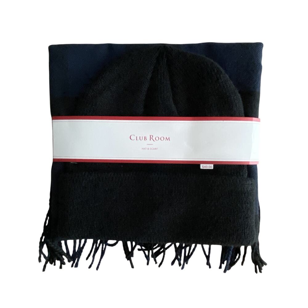Club Room Men's Beanie & Scarf Combo Black & Blue One Size Fits Most NEW